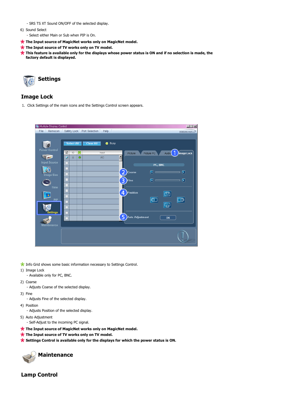 Settings image lock, Maintenance lamp control | Samsung LS57BPHNB-XAA User Manual | Page 45 / 80