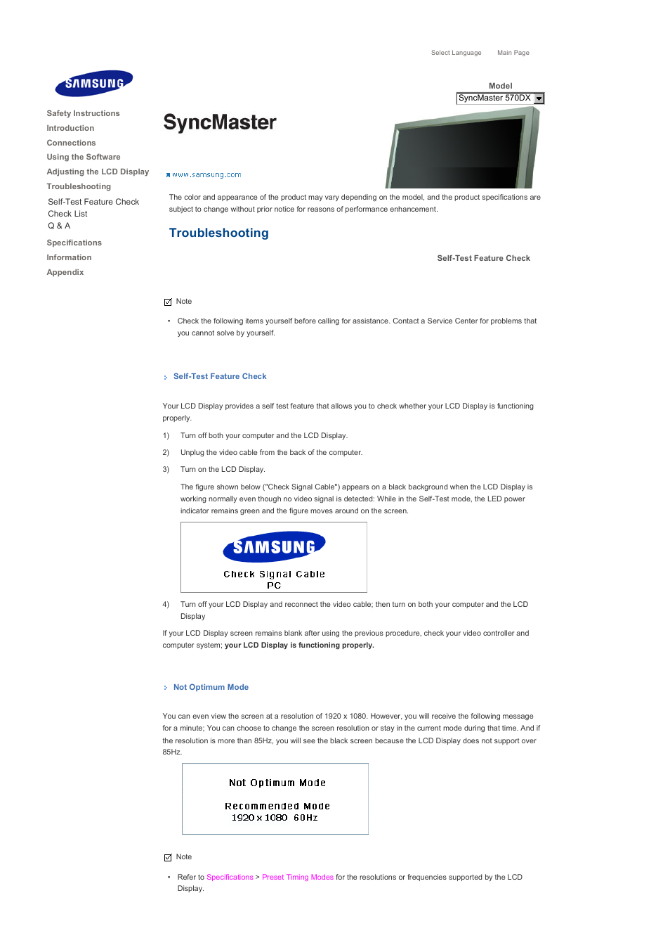 Self-test feature check, Troubleshooting | Samsung LS57BPHNB-XAA User Manual | Page 66 / 80