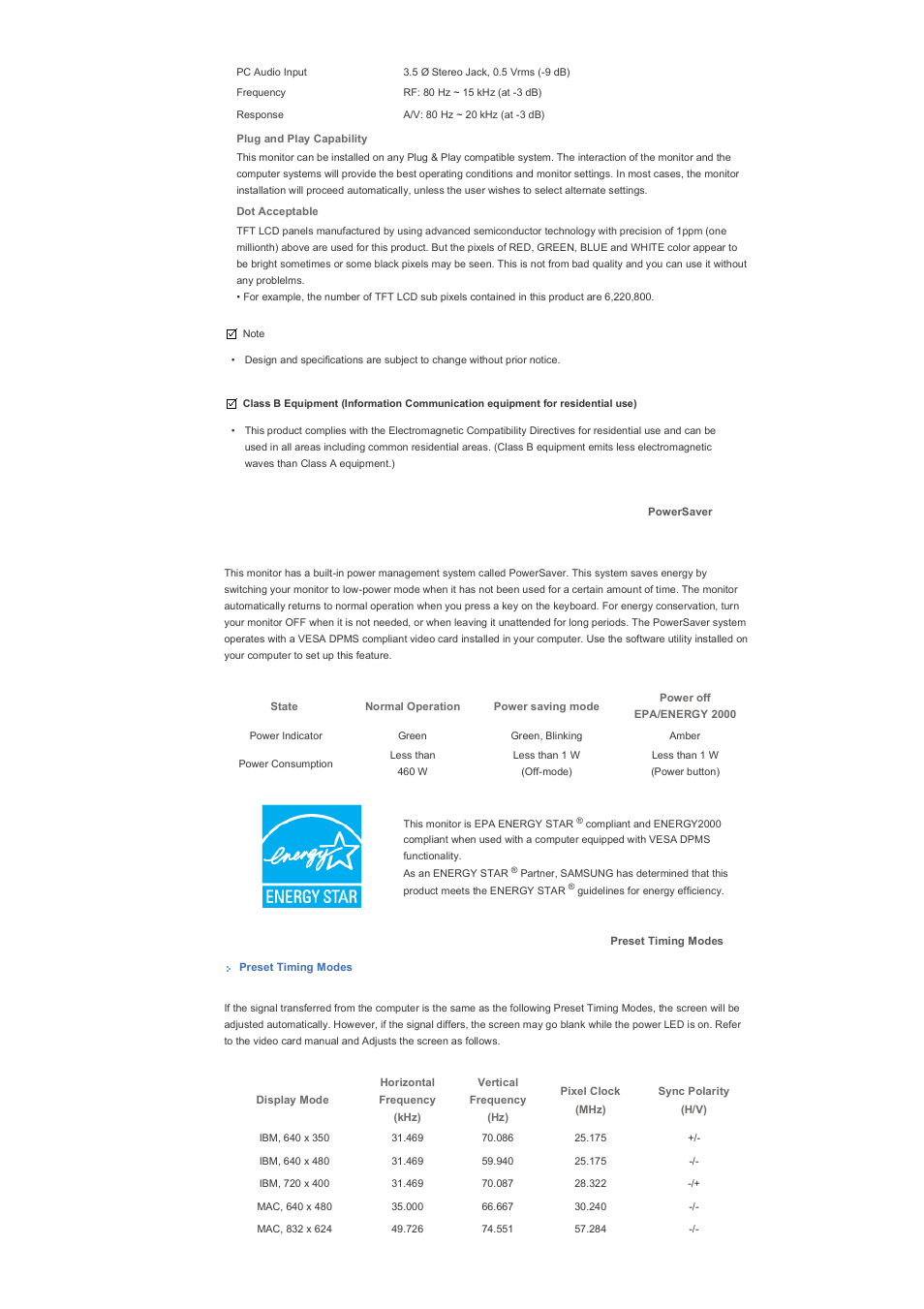 Powersaver, Preset timing modes | Samsung LS57BPHNB-XAA User Manual | Page 71 / 80