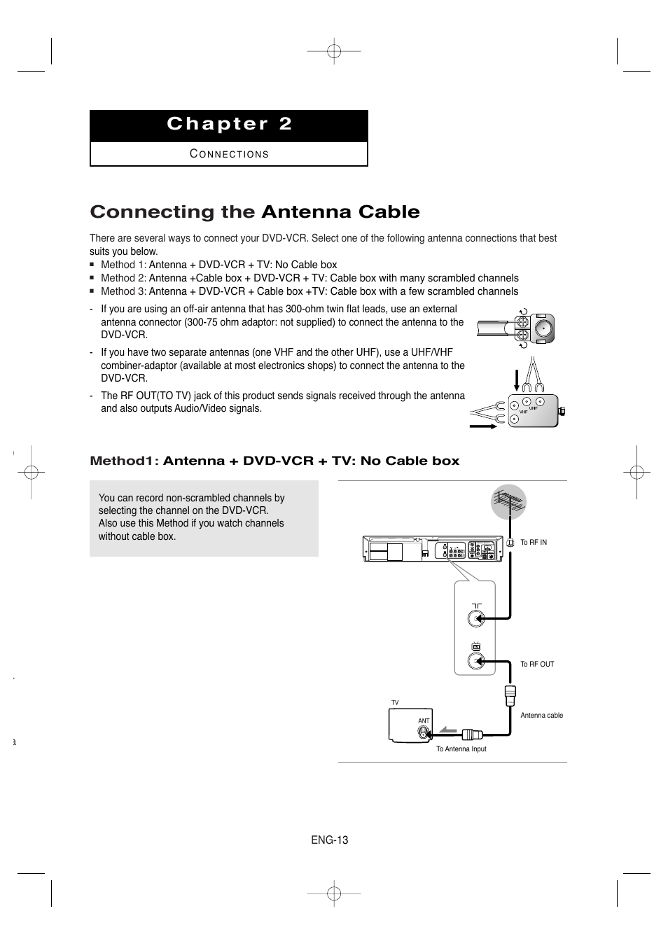 Chapter 2 connections, Connecting the antenna cable, Method1: antenna + dvd-vcr + tv: no cable box | Samsung DVD-V9650-XAA User Manual | Page 13 / 96