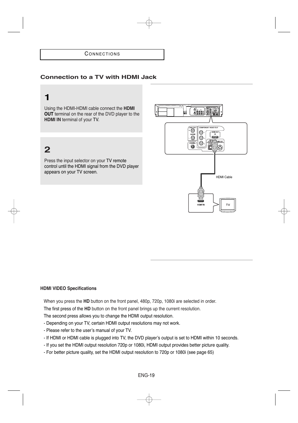 Connection to a tv with hdmi jack | Samsung DVD-V9650-XAA User Manual | Page 19 / 96
