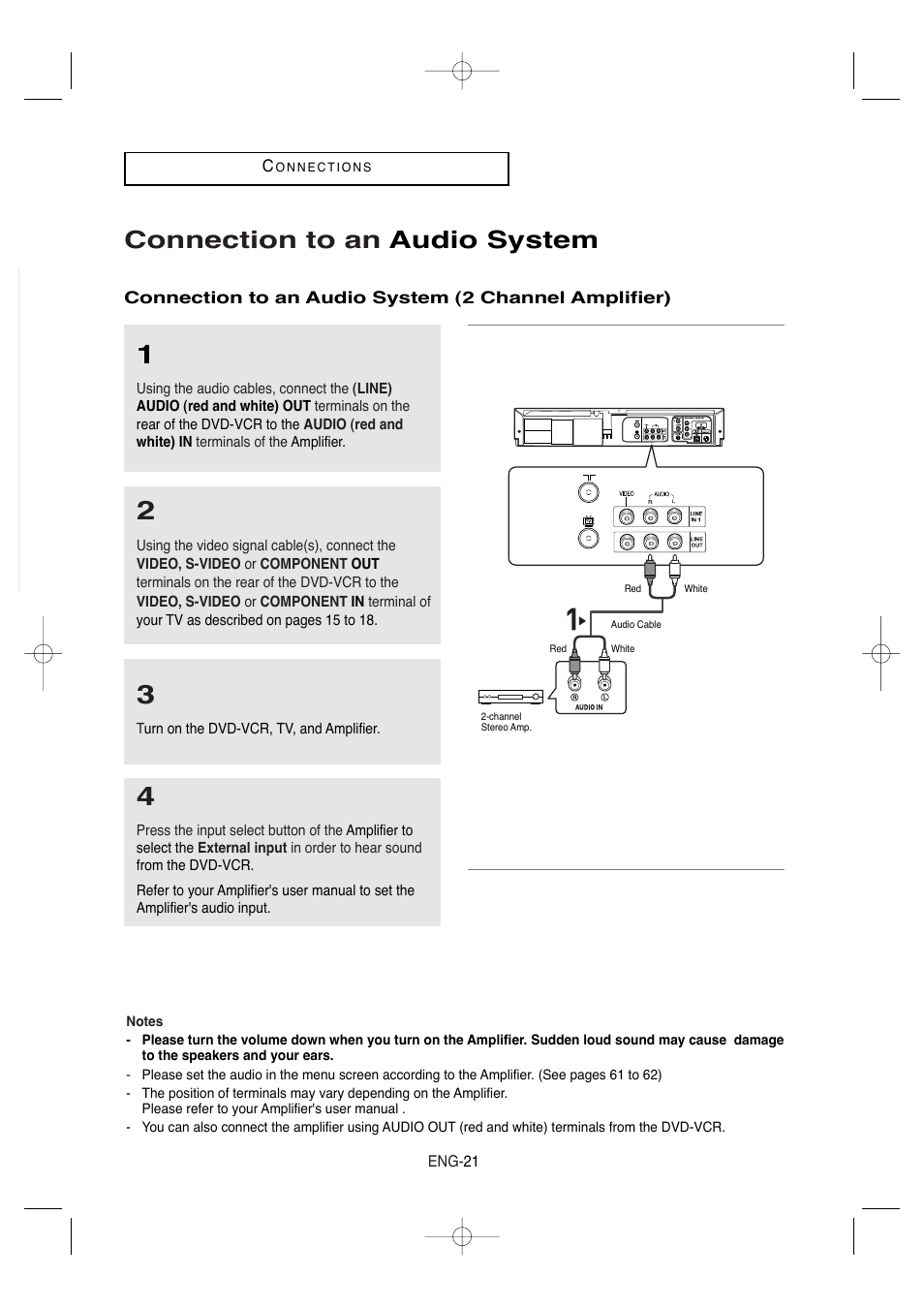 Connection to an audio system | Samsung DVD-V9650-XAA User Manual | Page 21 / 96