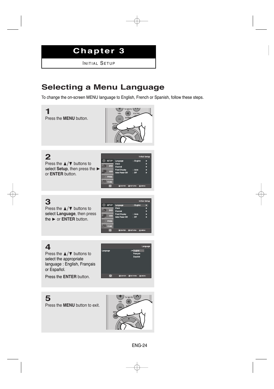 Chapter 3 i nitial setup, Selecting a menu language | Samsung DVD-V9650-XAA User Manual | Page 24 / 96