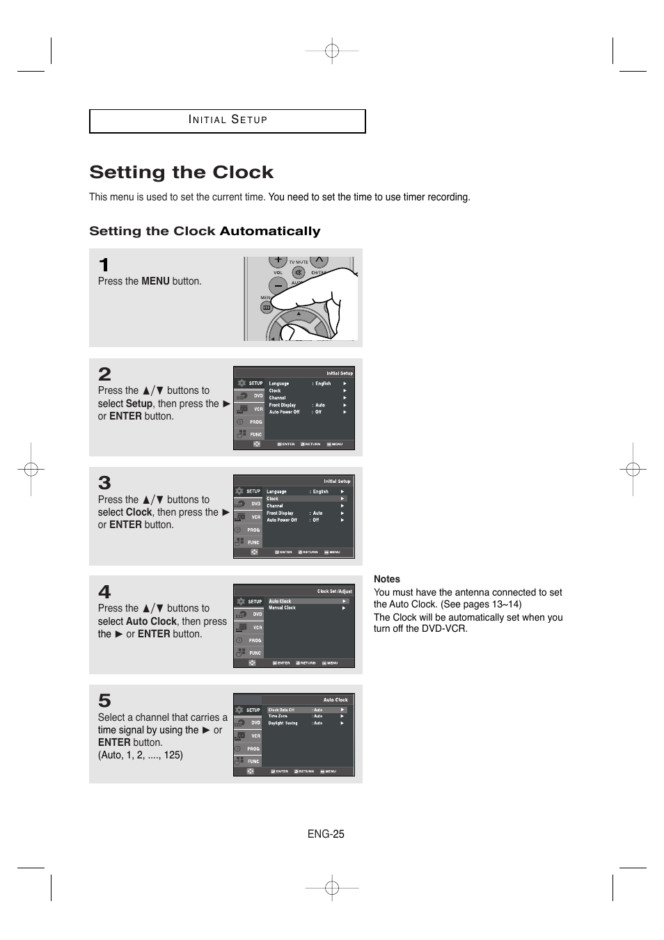 Setting the clock, Setting the clock automatically | Samsung DVD-V9650-XAA User Manual | Page 25 / 96