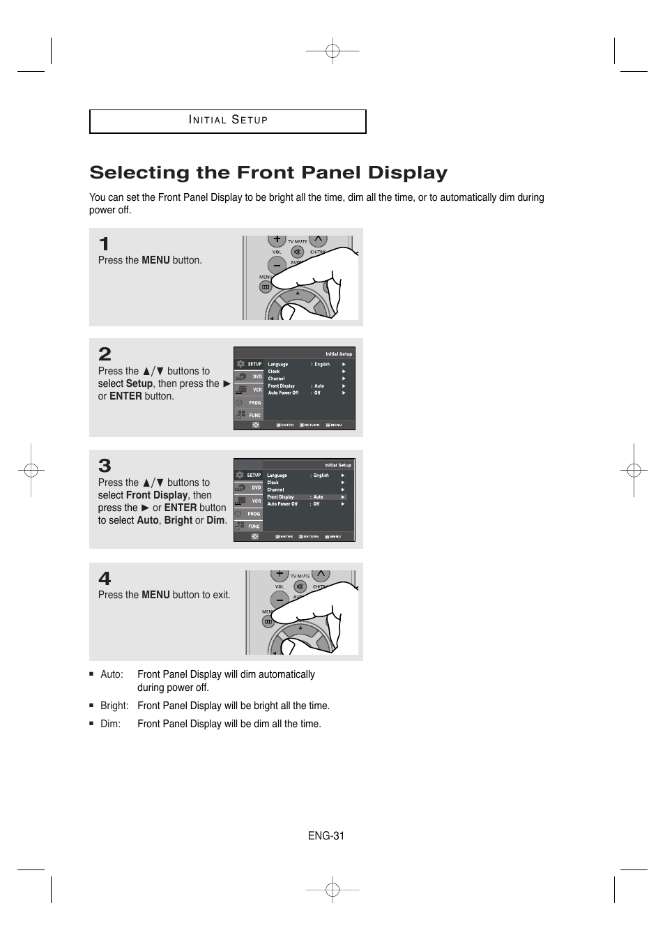 Selecting the front panel display | Samsung DVD-V9650-XAA User Manual | Page 31 / 96