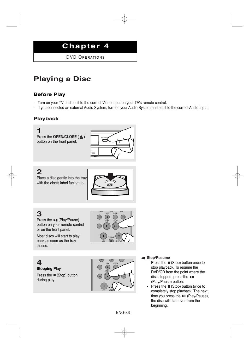 Chapter 4 dvd operations, Playing a disc | Samsung DVD-V9650-XAA User Manual | Page 33 / 96