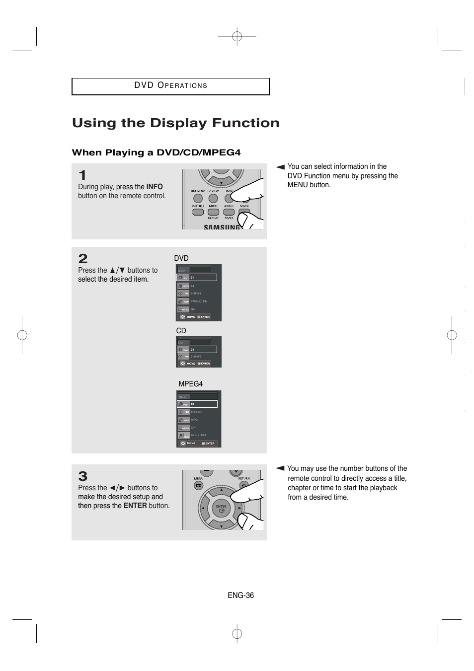 Using the display function | Samsung DVD-V9650-XAA User Manual | Page 36 / 96