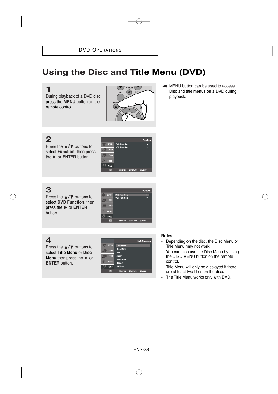 Using the disc and title menu (dvd), Using the disc and t itle menu (dvd) | Samsung DVD-V9650-XAA User Manual | Page 38 / 96