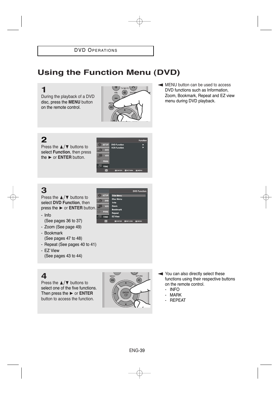 Using the function menu (dvd) | Samsung DVD-V9650-XAA User Manual | Page 39 / 96