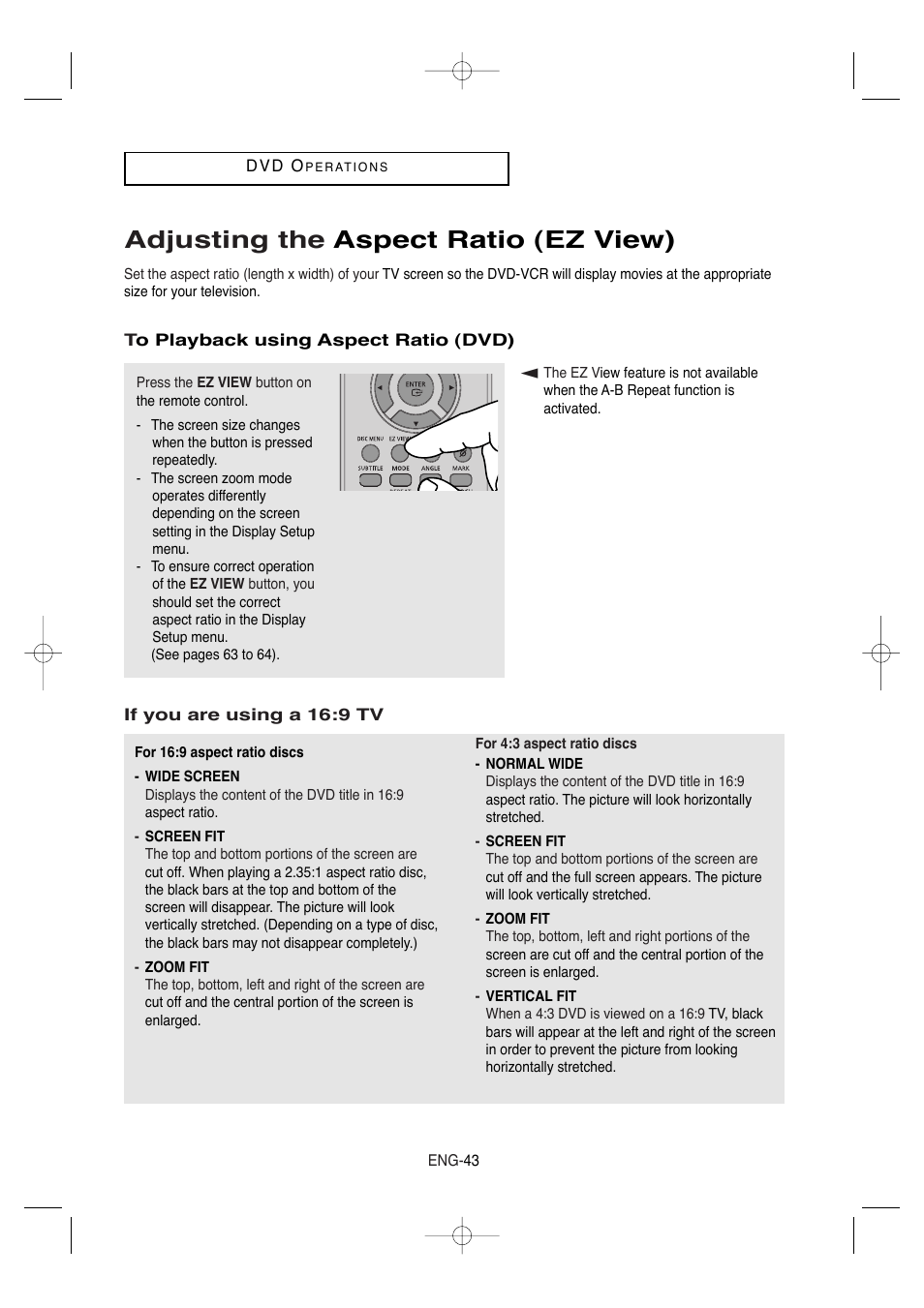 Adjusting the aspect ratio (ez view) | Samsung DVD-V9650-XAA User Manual | Page 43 / 96