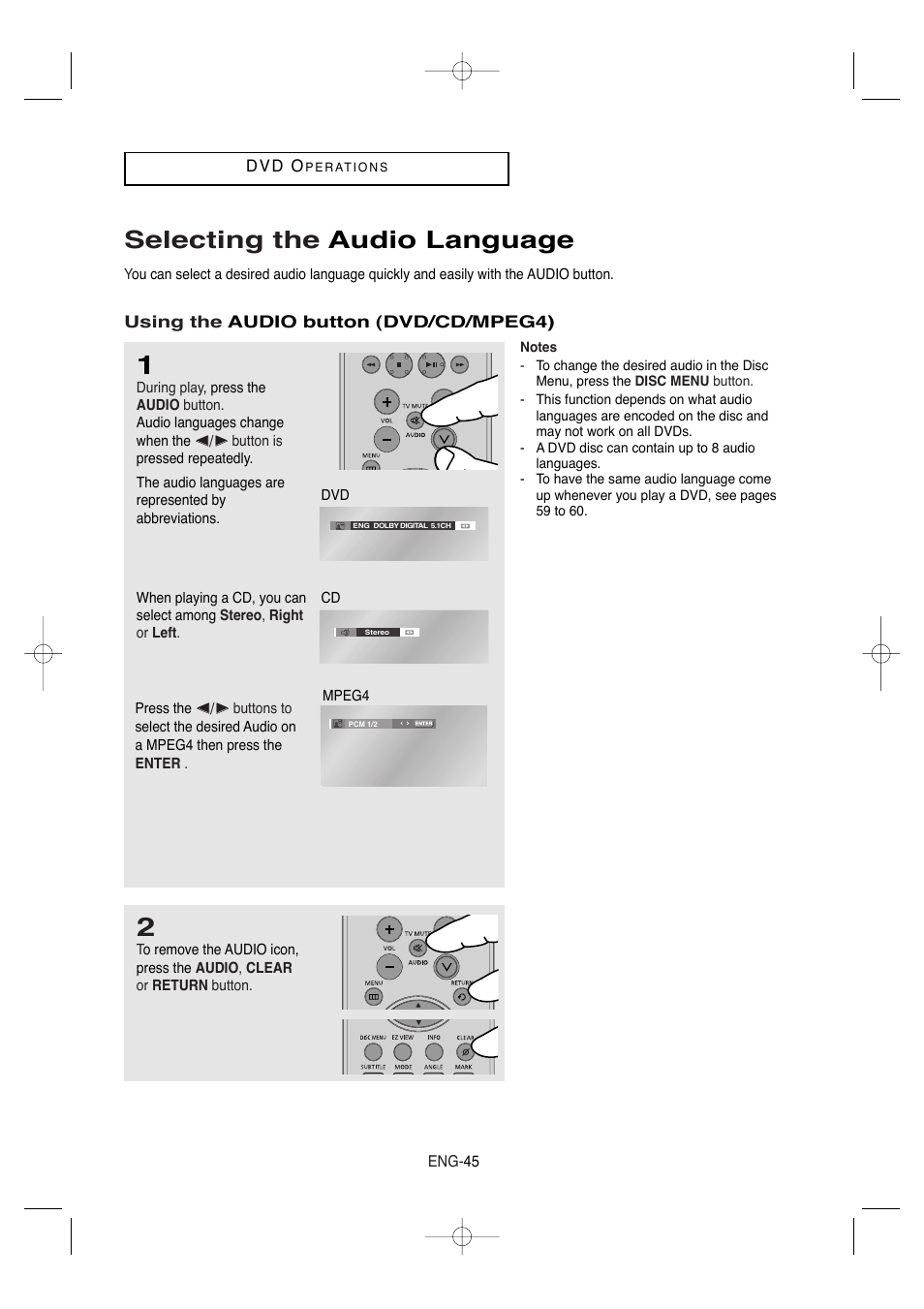 Selecting the audio language | Samsung DVD-V9650-XAA User Manual | Page 45 / 96