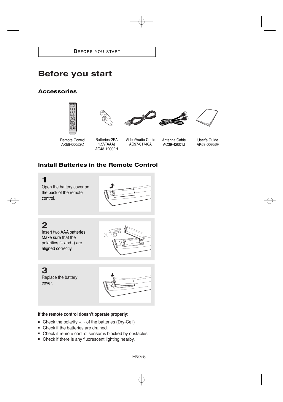 Before you start, Accessories, Install batteries in the remote control | Samsung DVD-V9650-XAA User Manual | Page 5 / 96