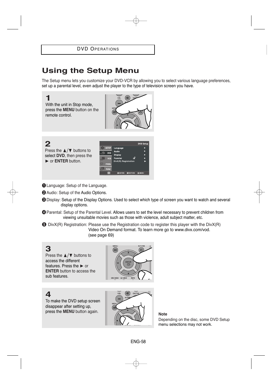 Using the setup menu | Samsung DVD-V9650-XAA User Manual | Page 58 / 96