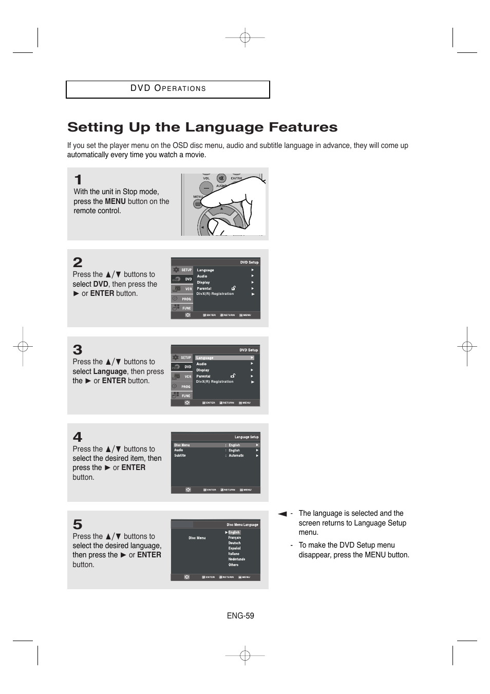 Setting up the language features | Samsung DVD-V9650-XAA User Manual | Page 59 / 96