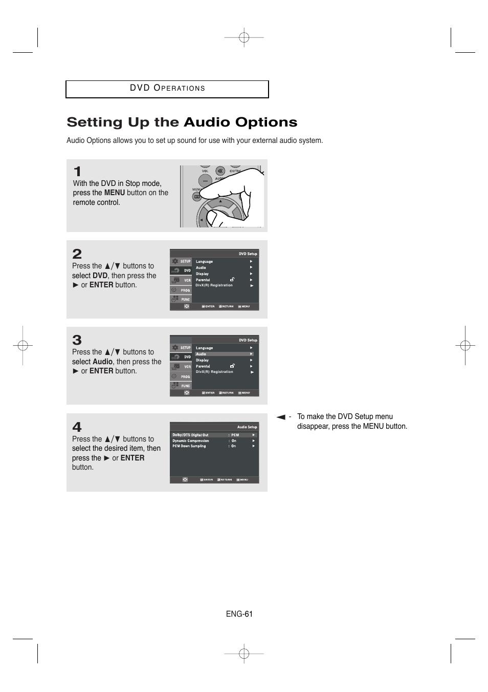 Setting up the audio options | Samsung DVD-V9650-XAA User Manual | Page 61 / 96