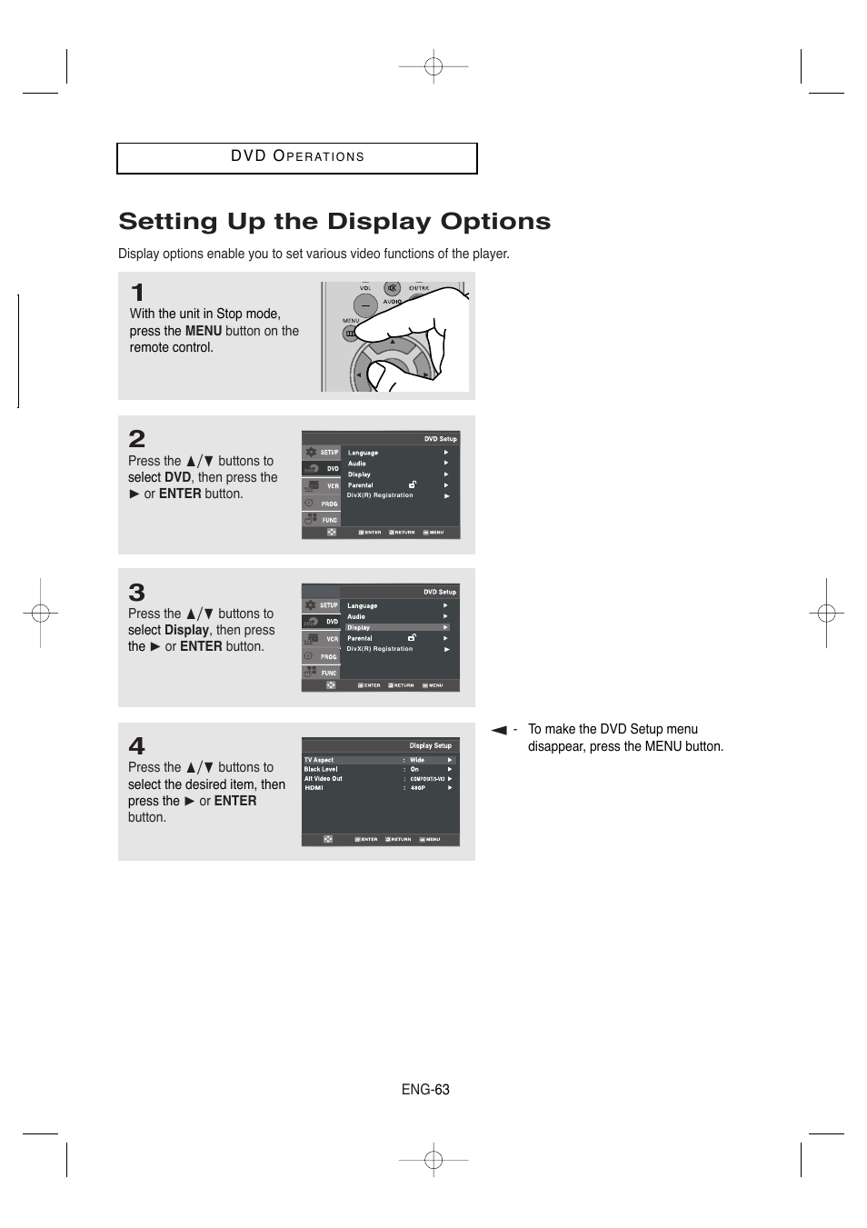 Setting up the display options | Samsung DVD-V9650-XAA User Manual | Page 63 / 96