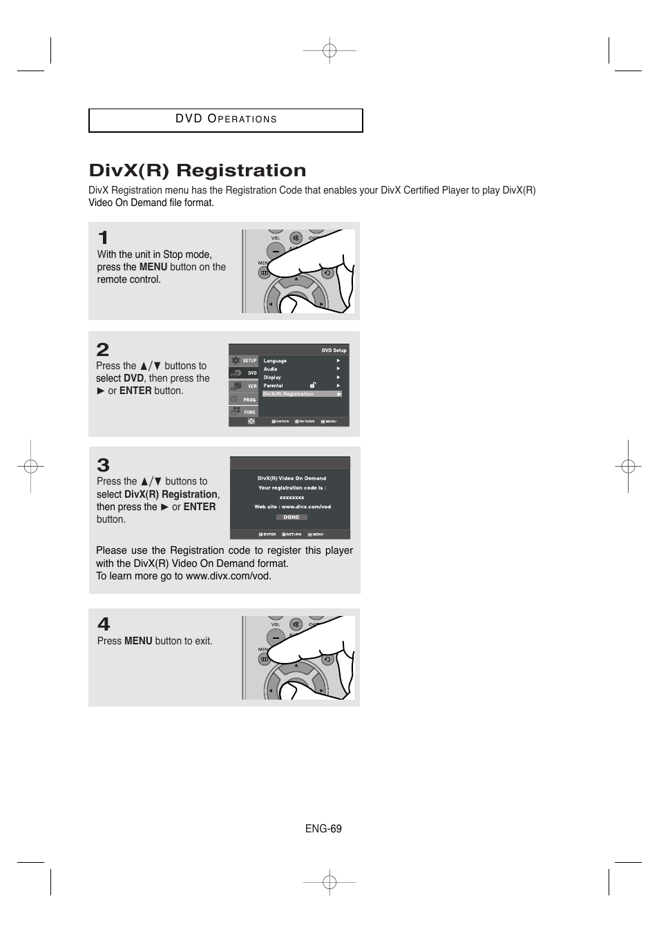 Divx(r) registration | Samsung DVD-V9650-XAA User Manual | Page 69 / 96