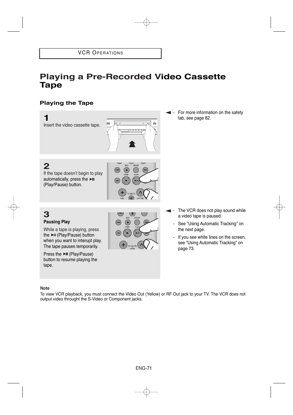 Playing a pre-recorded video cassette tape, Playing a pre-recorded v ideo cassette tape | Samsung DVD-V9650-XAA User Manual | Page 71 / 96
