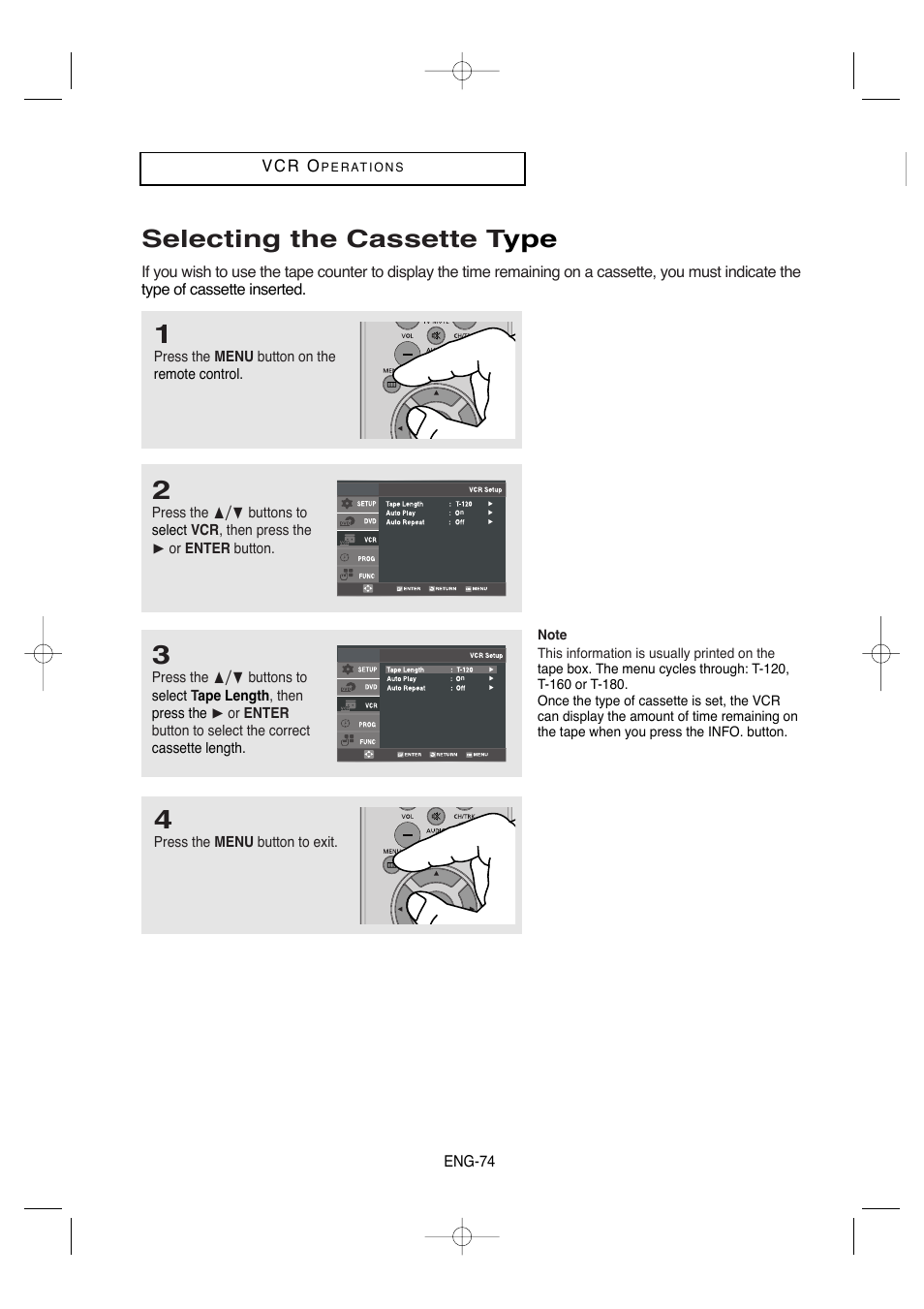 Selecting the cassette type, Selecting the cassette t ype | Samsung DVD-V9650-XAA User Manual | Page 74 / 96