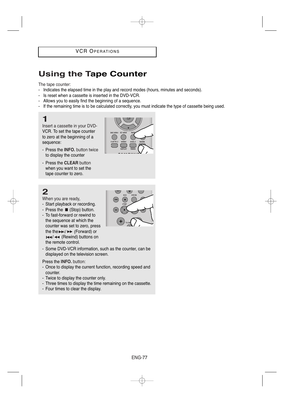 Using the tape counter, Using the t ape counter | Samsung DVD-V9650-XAA User Manual | Page 77 / 96