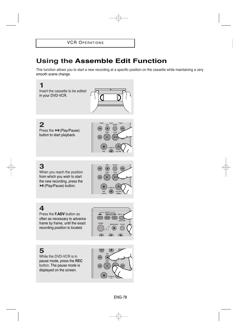 Using the assemble edit function | Samsung DVD-V9650-XAA User Manual | Page 78 / 96