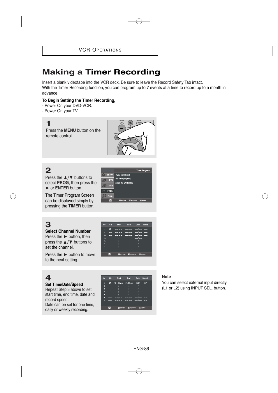 Making a timer recording, Making a t imer recording | Samsung DVD-V9650-XAA User Manual | Page 86 / 96