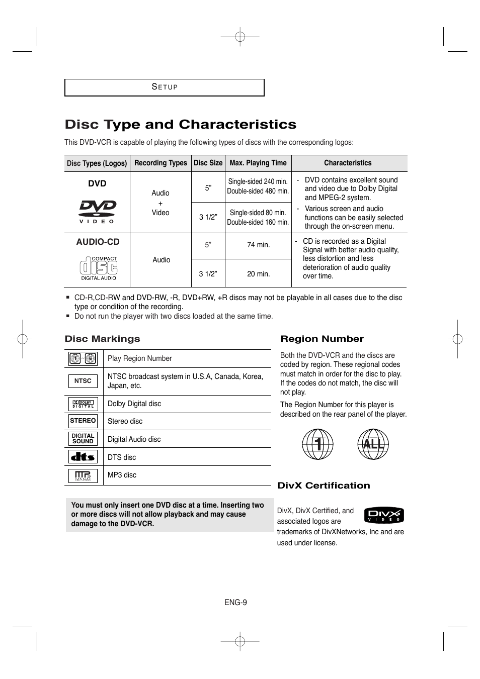 Disc type and characteristics, Disc t ype and characteristics | Samsung DVD-V9650-XAA User Manual | Page 9 / 96