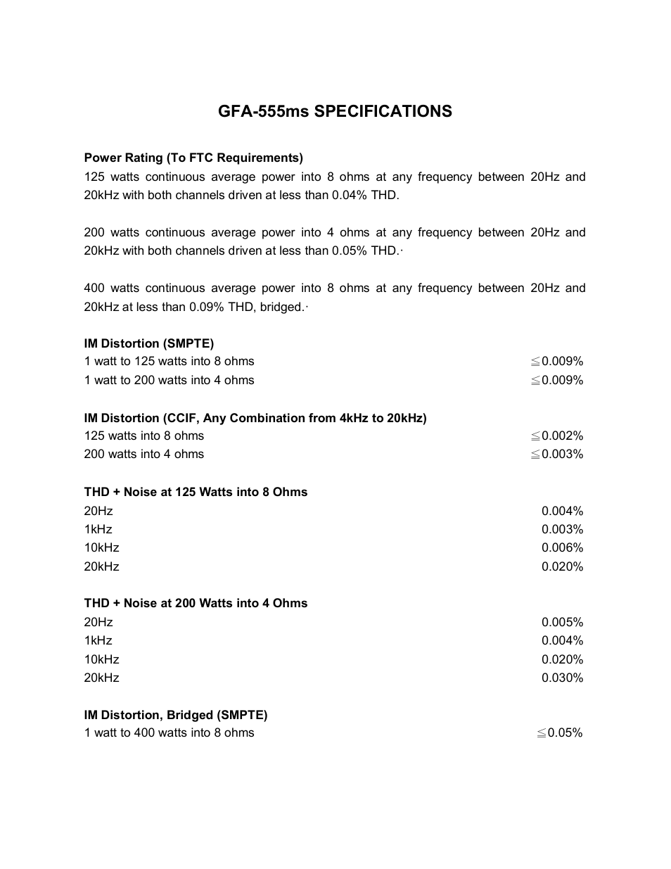 Gfa-555ms specifications | Adcom GFA-555MS User Manual | Page 19 / 22