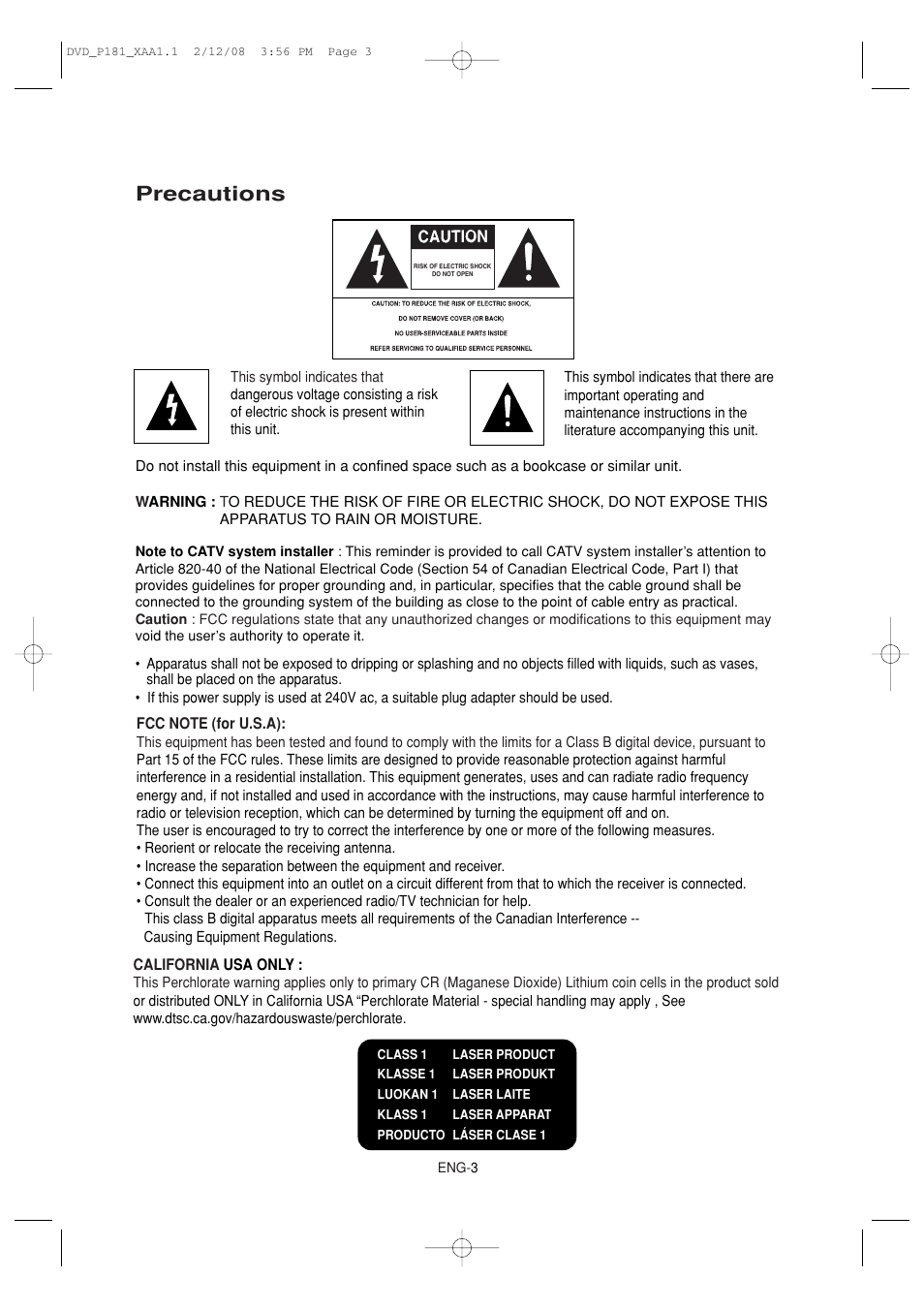 Precautions | Samsung DVD-P181-XAA User Manual | Page 3 / 55