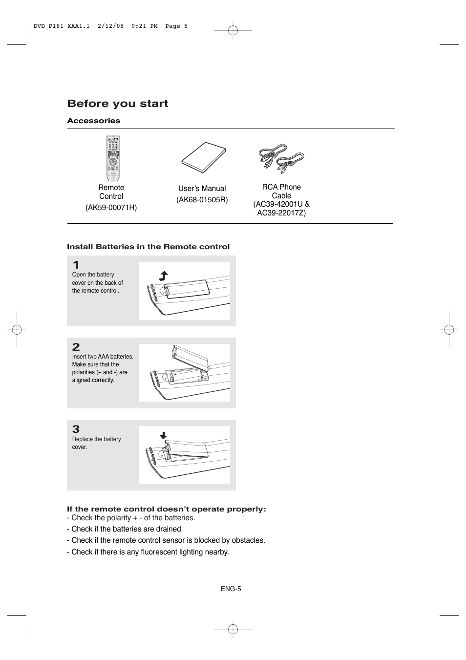 Before you start | Samsung DVD-P181-XAA User Manual | Page 5 / 55