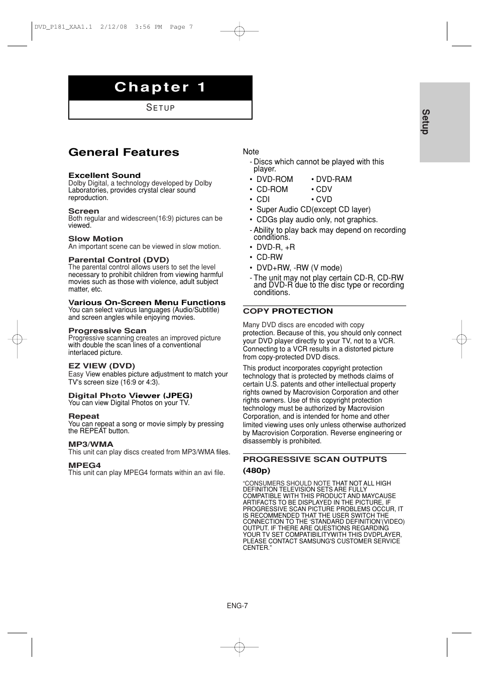General features, Setup | Samsung DVD-P181-XAA User Manual | Page 7 / 55