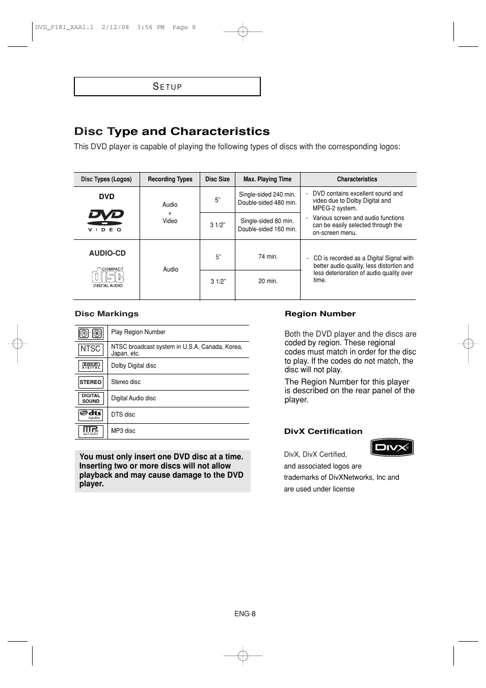 Disc type and characteristics, Disc t ype and characteristics | Samsung DVD-P181-XAA User Manual | Page 8 / 55