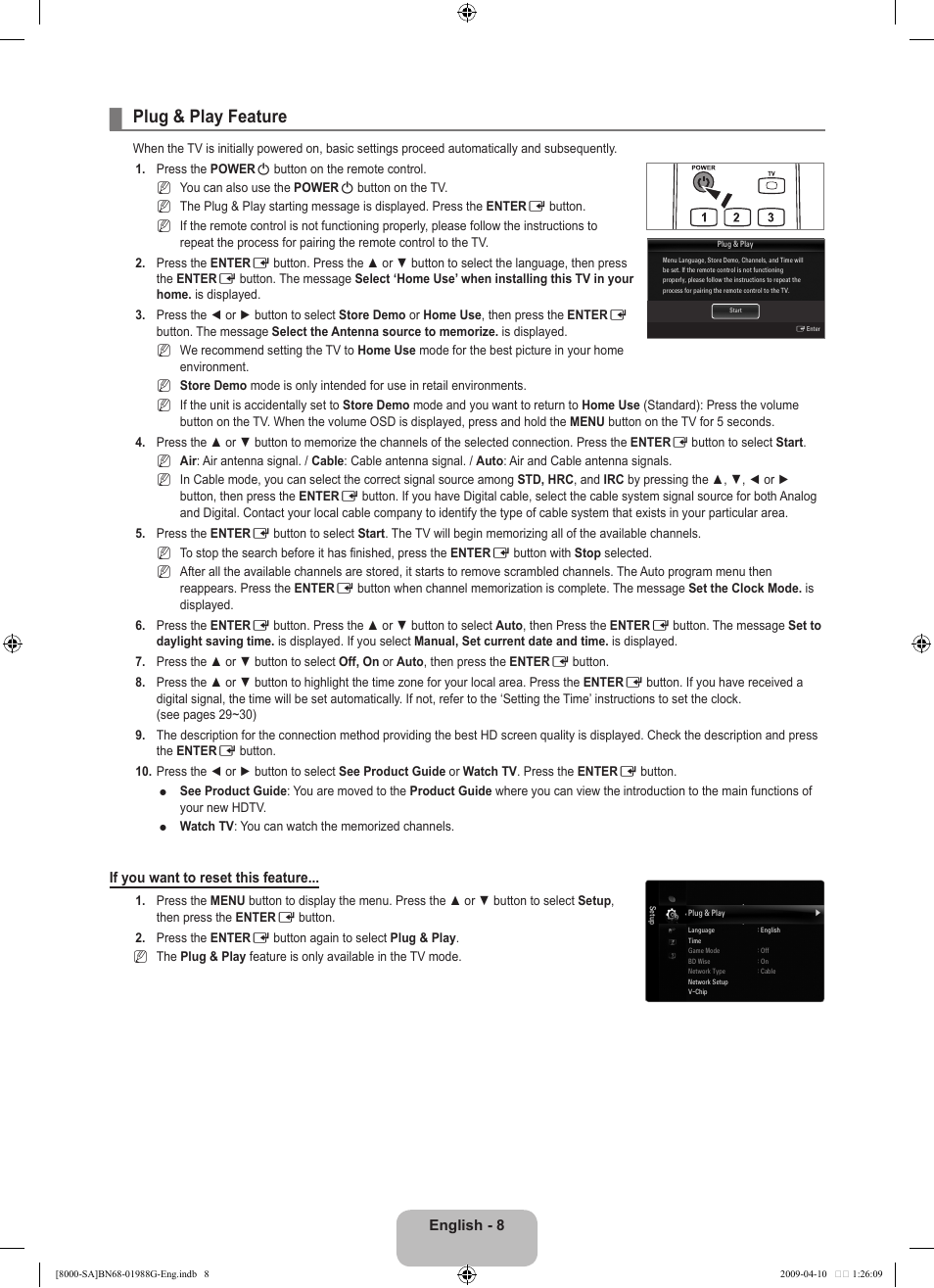 Plug & play feature | Samsung UN55B8000XFXZA User Manual | Page 10 / 181