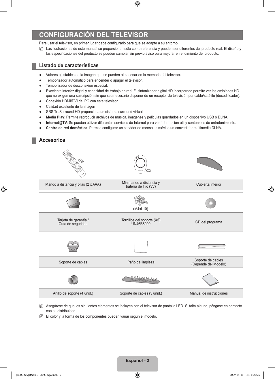 Configuración del televisor, Listado de características, Accesorios | Samsung UN55B8000XFXZA User Manual | Page 100 / 181