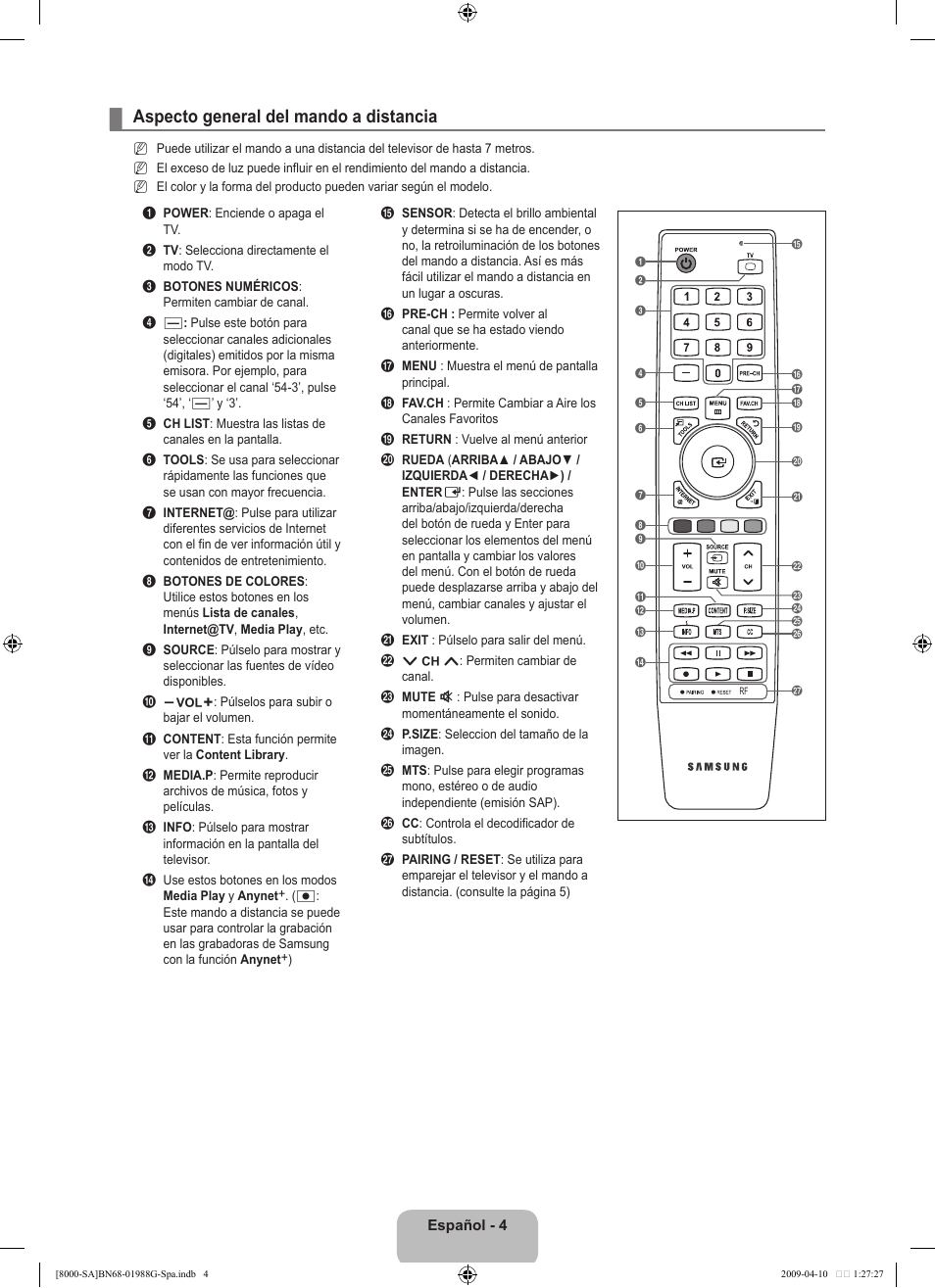 Aspecto general del mando a distancia | Samsung UN55B8000XFXZA User Manual | Page 102 / 181