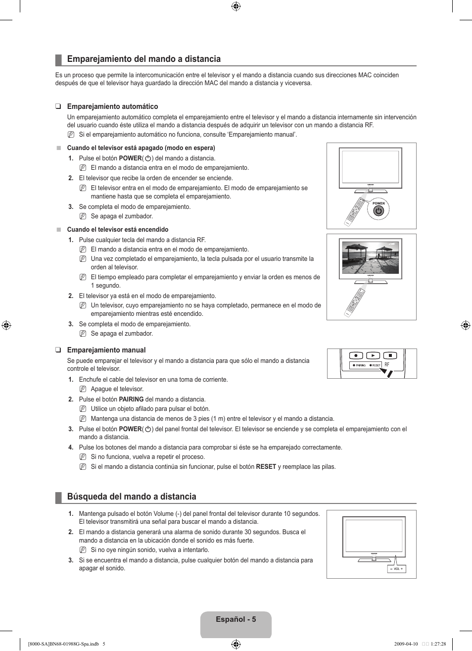 Emparejamiento del mando a distancia, Búsqueda del mando a distancia | Samsung UN55B8000XFXZA User Manual | Page 103 / 181