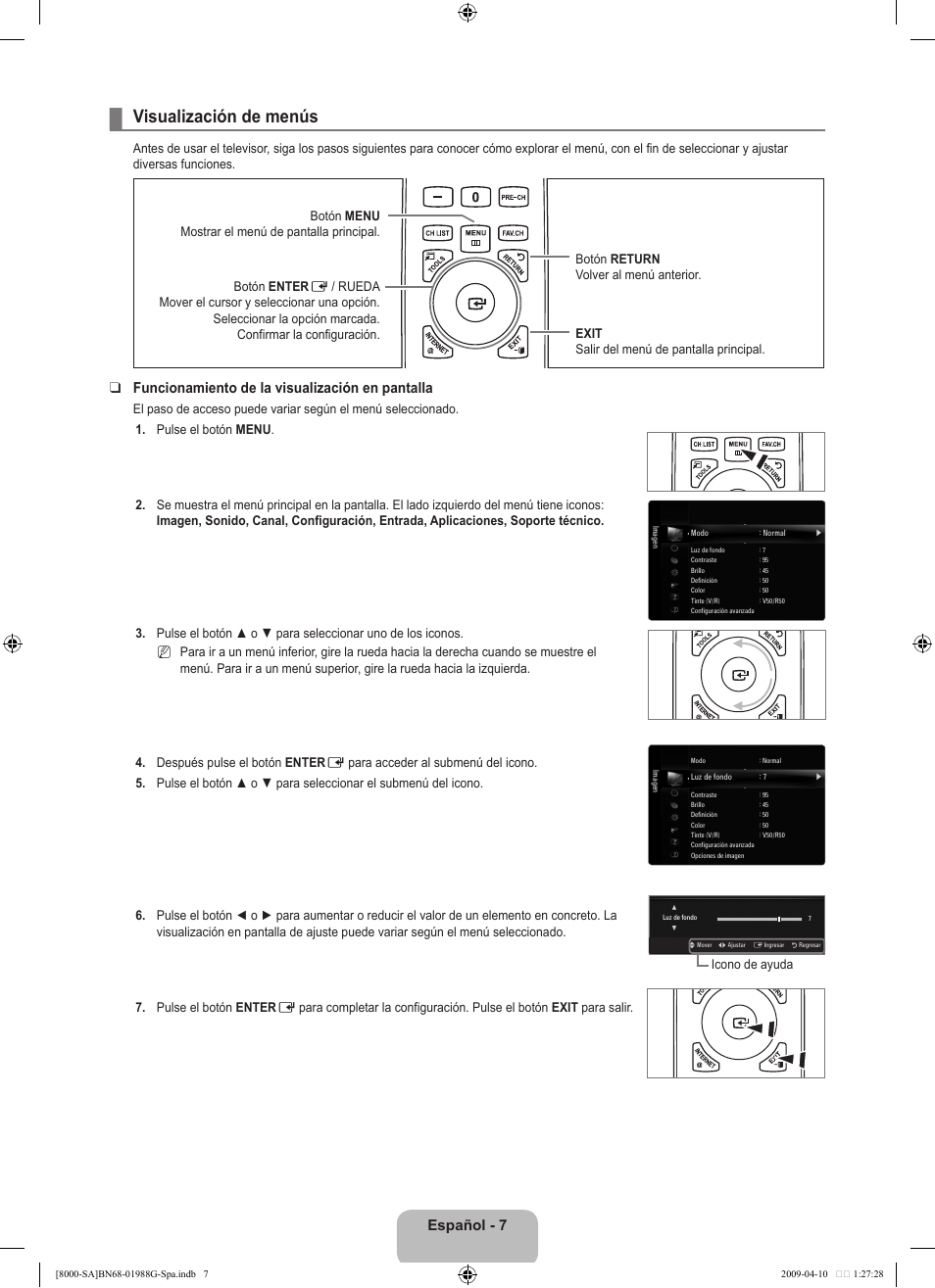 Visualización de menús, Español, Funcionamiento de la visualización en pantalla | Samsung UN55B8000XFXZA User Manual | Page 105 / 181