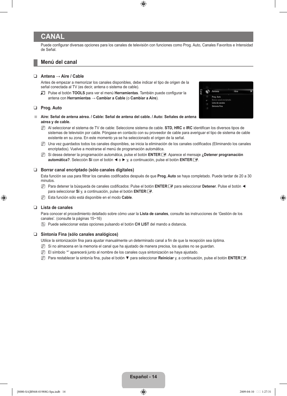 Canal, Menú del canal | Samsung UN55B8000XFXZA User Manual | Page 112 / 181