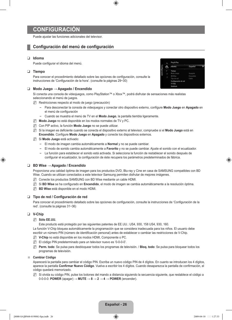 Configuración, Configuración del menú de configuración | Samsung UN55B8000XFXZA User Manual | Page 124 / 181