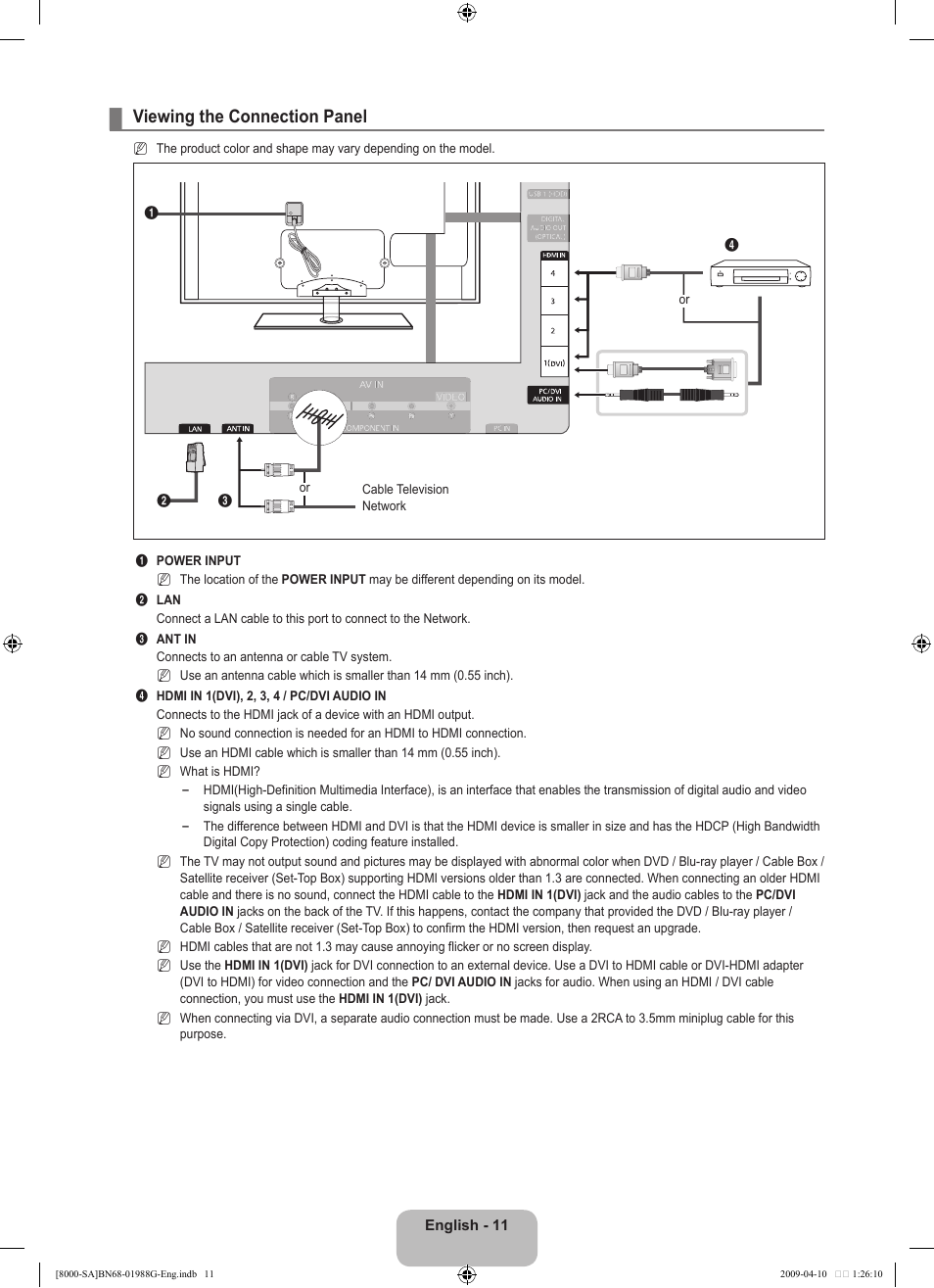 Viewing the connection panel | Samsung UN55B8000XFXZA User Manual | Page 13 / 181