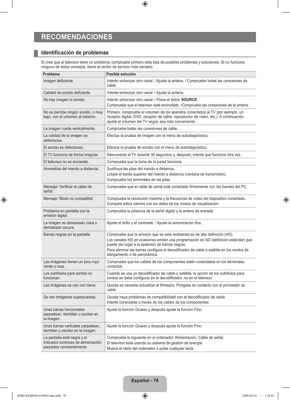 Recomendaciones, Identificación de problemas | Samsung UN55B8000XFXZA User Manual | Page 174 / 181