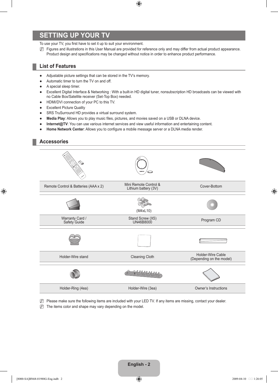 Setting up your tv, List of features, Accessories | Samsung UN55B8000XFXZA User Manual | Page 4 / 181