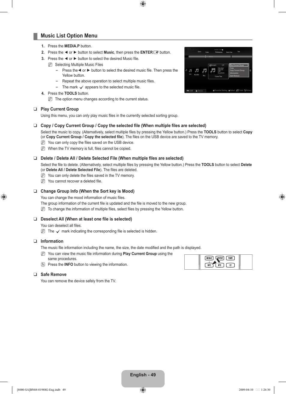 Music list option menu, English - 9, Play current group | Change group info (when the sort key is mood), Deselect all (when at least one file is selected), Information, Safe remove | Samsung UN55B8000XFXZA User Manual | Page 51 / 181