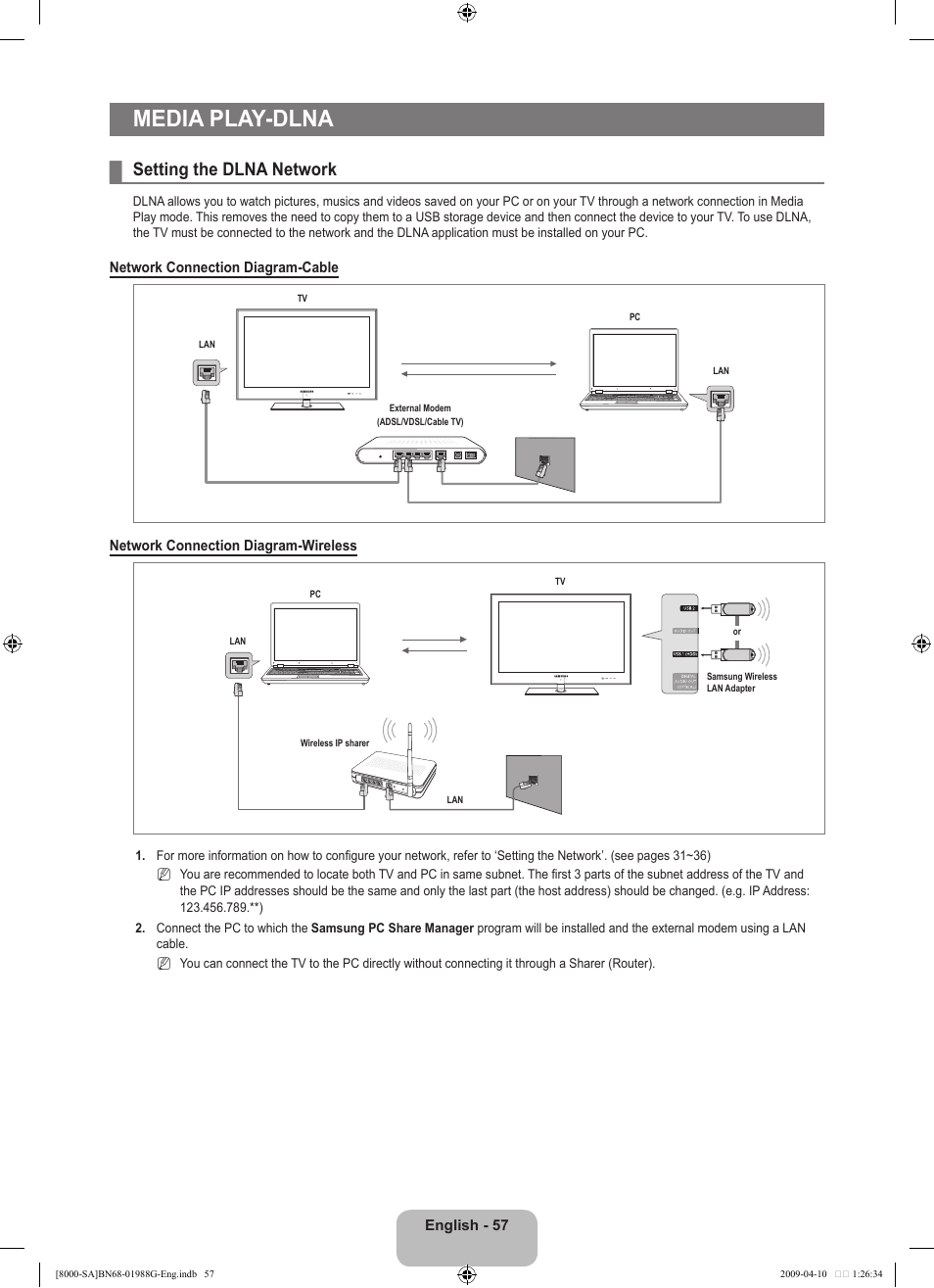 Media play -dlna, Setting the dlna network, Media play-dlna | Samsung UN55B8000XFXZA User Manual | Page 59 / 181