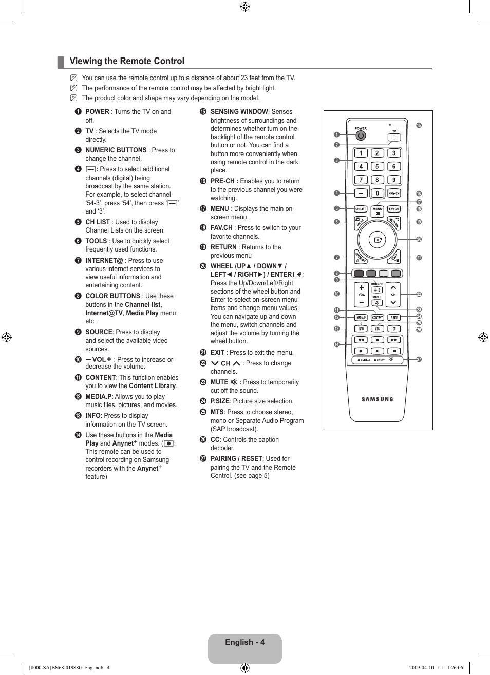 Viewing the remote control | Samsung UN55B8000XFXZA User Manual | Page 6 / 181