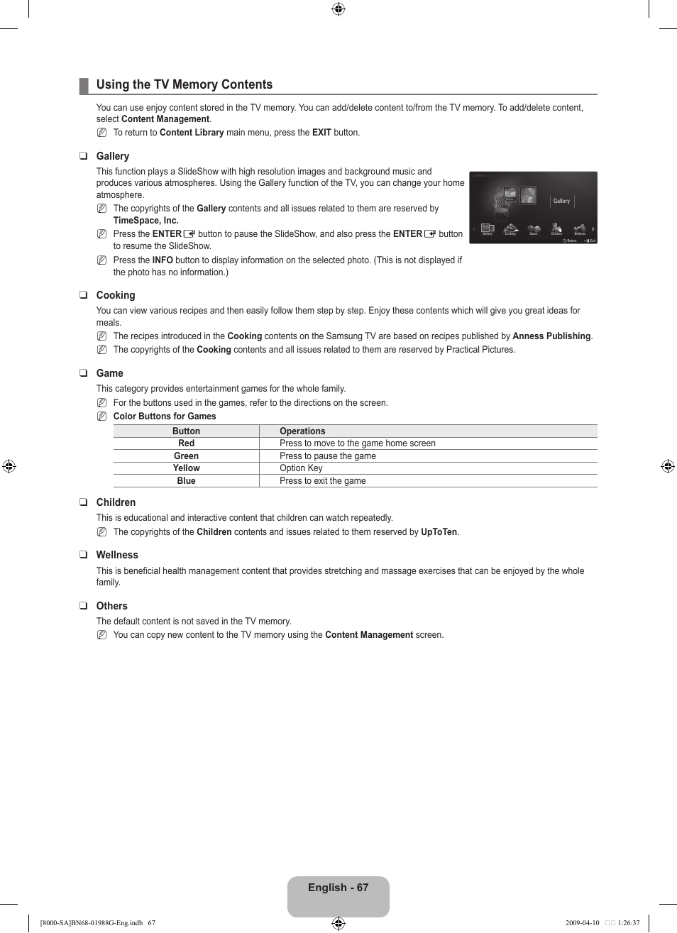 Using the tv memory contents | Samsung UN55B8000XFXZA User Manual | Page 69 / 181