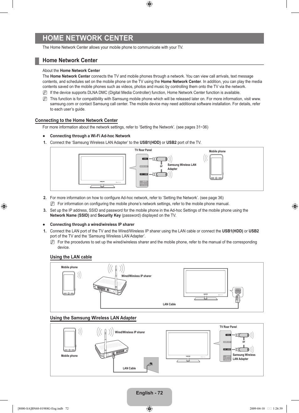 Home network center | Samsung UN55B8000XFXZA User Manual | Page 74 / 181