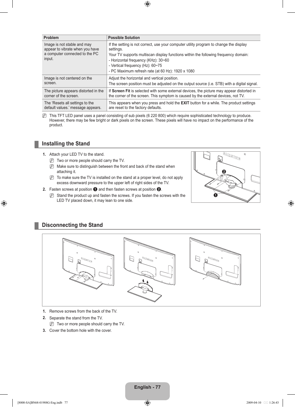 Installing the stand, Disconnecting the stand | Samsung UN55B8000XFXZA User Manual | Page 79 / 181