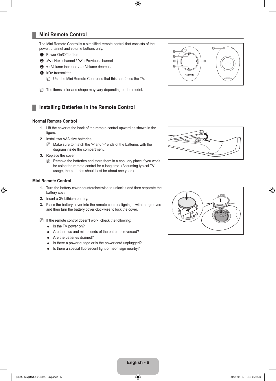 Mini remote control, Installing batteries in the remote control | Samsung UN55B8000XFXZA User Manual | Page 8 / 181