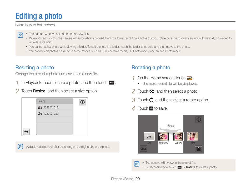 Editing a photo, Resizing a photo, Rotating a photo | Resizing a photo ………………………… 99, Rotating a photo ………………………… 99 | Samsung EC-MV900FBPWUS User Manual | Page 100 / 173